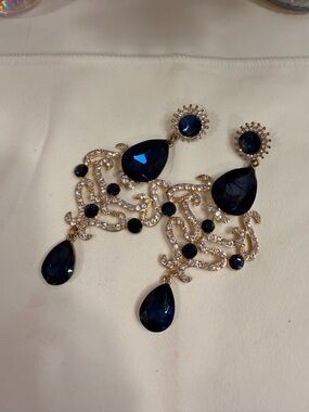 Gold-Tone Navy Blue Teardrop Crystal Statement Earrings